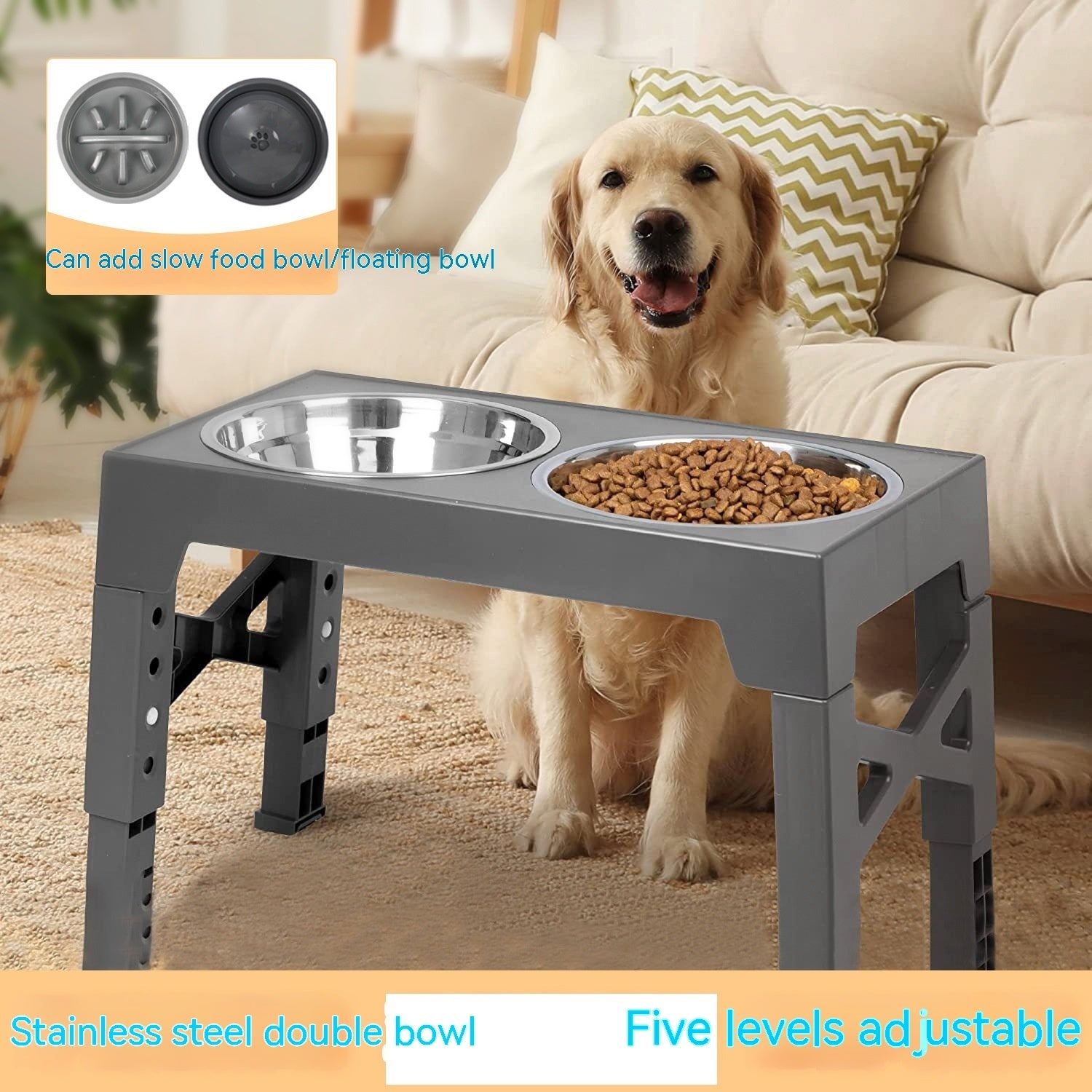 Adjustable Slow Feeder Dog Bowl with Neck Protection